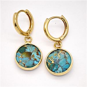 Mosaic Turquoise Copper Hoop Earrings Circle Gold Plated, approx 14mm, 14mm dia