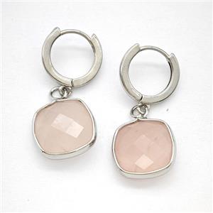 Pink Rose Quartz Copper Hoop Earrings Square Platinum Plated, approx 14mm, 14mm dia