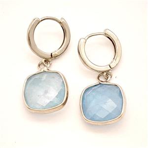 Blue Aquamarine Copper Hoop Earrings Square Platinum Plated, approx 14mm, 14mm dia