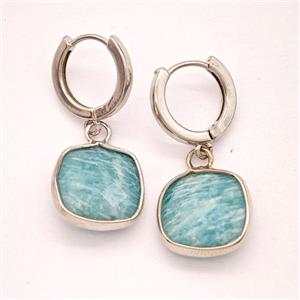 Green Amazonite Copper Hoop Earrings Square Platinum Plated, approx 14mm, 14mm dia