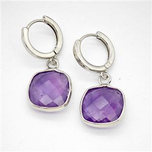 Purple Amethyst Copper Hoop Earrings Square Platinum Plated, approx 14mm, 14mm dia