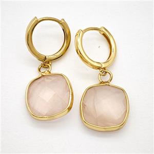 Rose Quartz Copper Hoop Earrings Square Gold Plated, approx 14mm, 14mm dia