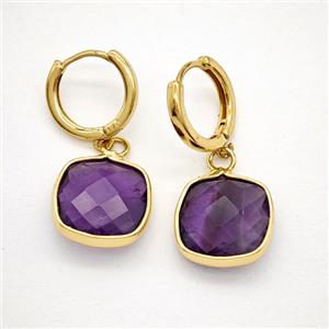 Purple Amethyst Copper Hoop Earrings Square Gold Plated, approx 14mm, 14mm dia