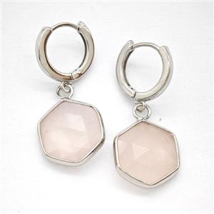 Pink Rose Quartz Copper Hoop Earrings Hexagon Platinum Plated, approx 15mm, 14mm dia