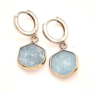 Blue Aquamarine Copper Hoop Earrings Hexagon Platinum Plated, approx 15mm, 14mm dia