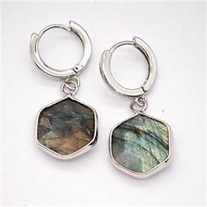 Labradorite Copper Hoop Earrings Hexagon Platinum Plated, approx 15mm, 14mm dia