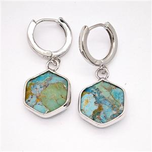 Blue Mosaic Turquoise Copper Hoop Earrings Hexagon Platinum Plated, approx 15mm, 14mm dia