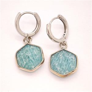 Green Amazonite Copper Hoop Earrings Hexagon Platinum Plated, approx 15mm, 14mm dia