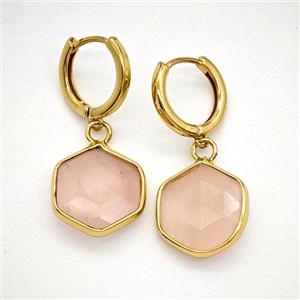 Pink Rose Quartz Copper Hoop Earrings Hexagon Gold Plated, approx 15mm, 14mm dia