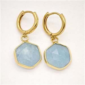 Blue Aquamarine Copper Hoop Earrings Hexagon Gold Plated, approx 15mm, 14mm dia