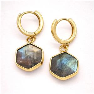 Labradorite Copper Hoop Earrings Hexagon Gold Plated, approx 15mm, 14mm dia