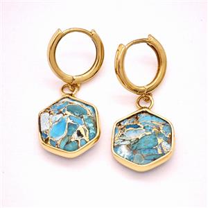 Blue Mosaic Turquoise Copper Hoop Earrings Hexagon Gold Plated, approx 15mm, 14mm dia