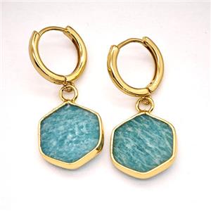 Green Amazonite Copper Hoop Earrings Hexagon Gold Plated, approx 15mm, 14mm dia