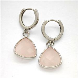 Pink Rose Quartz Copper Hoop Earrings Triangle Platinum Plated, approx 14mm, 14mm dia