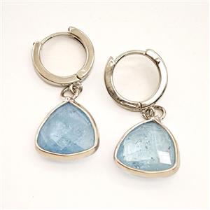Blue Aquamarine Copper Hoop Earrings Triangle Platinum Plated, approx 14mm, 14mm dia