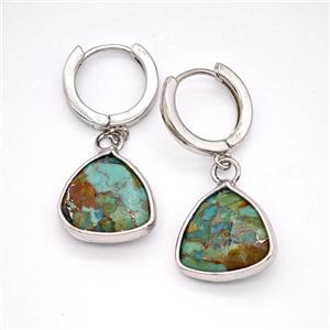Mosaic Turquoise Copper Hoop Earrings Triangle Platinum Plated, approx 14mm, 14mm dia