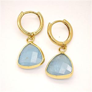 Blue Aquamarine Copper Hoop Earrings Triangle Gold Plated, approx 14mm, 14mm dia