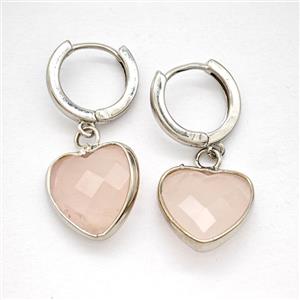 Pink Rose Quartz Copper Hoop Earrings Heart Platinum Plated, approx 14mm, 14mm dia