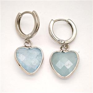 Blue Aquamarine Copper Hoop Earrings Heart Platinum Plated, approx 14mm, 14mm dia