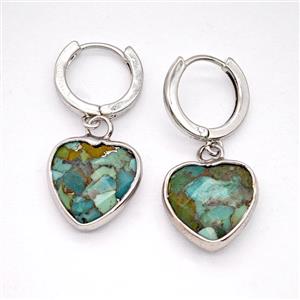 Mosaic Turquoise Copper Hoop Earrings Heart Platinum Plated, approx 14mm, 14mm dia