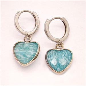 Green Amazonite Copper Hoop Earrings Heart Platinum Plated, approx 14mm, 14mm dia