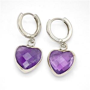 Purple Amethyst Copper Hoop Earrings Heart Platinum Plated, approx 14mm, 14mm dia