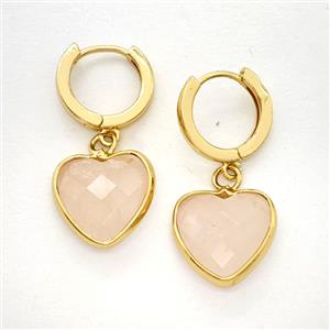 Pink Rose Quartz Copper Hoop Earrings Heart Gold Plated, approx 14mm, 14mm dia