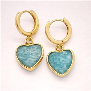 Green Amazonite Copper Hoop Earrings Heart Gold Plated, approx 14mm, 14mm dia