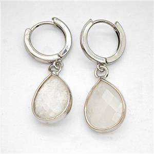 Clear Quartz Copper Hoop Earrings Teardrop Platinum Plated, approx 12-16mm, 14mm dia