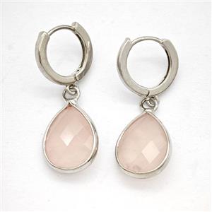 Pink Rose Quartz Copper Hoop Earrings Teardrop Platinum Plated, approx 12-16mm, 14mm dia