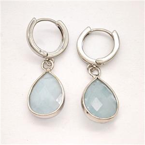 Blue Aquamarine Copper Hoop Earrings Teardrop Platinum Plated, approx 12-16mm, 14mm dia