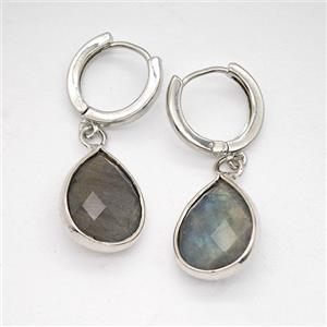 Labradorite Copper Hoop Earrings Teardrop Platinum Plated, approx 12-16mm, 14mm dia