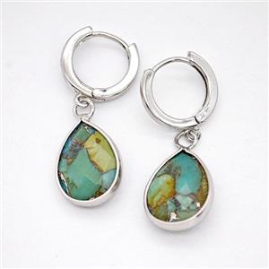 Mosaic Turquoise Copper Hoop Earrings Teardrop Platinum Plated, approx 12-16mm, 14mm dia