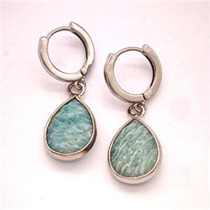 Green Amazonite Copper Hoop Earrings Teardrop Platinum Plated, approx 12-16mm, 14mm dia