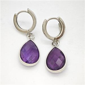 Purple Amethyst Copper Hoop Earrings Teardrop Platinum Plated, approx 12-16mm, 14mm dia