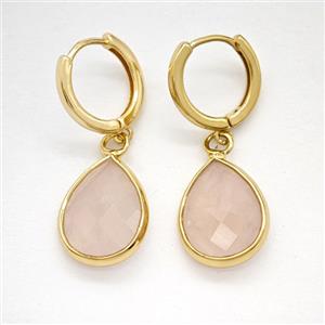 Pink Rose Quartz Copper Hoop Earrings Teardrop Gold Plated, approx 12-16mm, 14mm dia