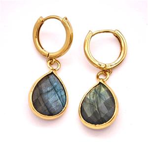 Labradorite Copper Hoop Earrings Teardrop Gold Plated, approx 12-16mm, 14mm dia
