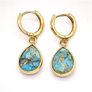 Mosaic Turquoise Copper Hoop Earrings Teardrop Gold Plated, approx 12-16mm, 14mm dia