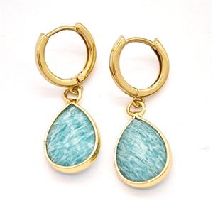 Green Amazonite Copper Hoop Earrings Teardrop Gold Plated, approx 12-16mm, 14mm dia