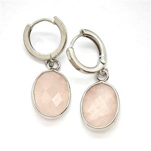 Pink Rose Quartz Copper Hoop Earrings Oval Platinum Plated, approx 12-16mm, 14mm dia