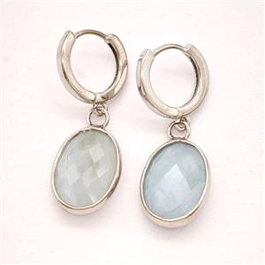 Blue Aquamarine Copper Hoop Earrings Oval Platinum Plated, approx 12-16mm, 14mm dia
