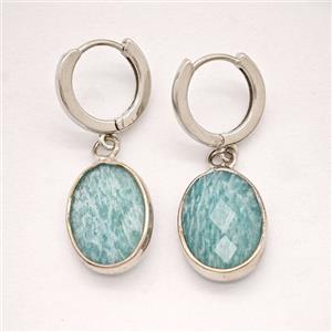 Green Amazonite Copper Hoop Earrings Oval Platinum Plated, approx 12-16mm, 14mm dia