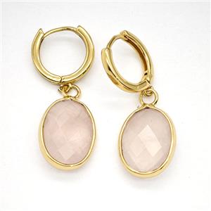 Pink Rose Quartz Copper Hoop Earrings Oval Gold Plated, approx 12-16mm, 14mm dia