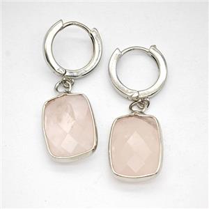Pink Rose Quartz Copper Hoop Earrings Rectangle Platinum Plated, approx 12-16mm, 14mm dia