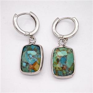 Mosaic Turquoise Copper Hoop Earrings Rectangle Platinum Plated, approx 12-16mm, 14mm dia