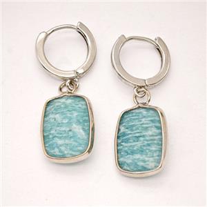 Green Amazonite Copper Hoop Earrings Rectangle Platinum Plated, approx 12-16mm, 14mm dia