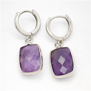 Purple Amethyst Copper Hoop Earrings Rectangle Platinum Plated, approx 12-16mm, 14mm dia