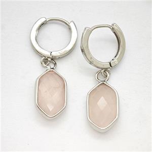 Pink Rose Quartz Copper Hoop Earrings Prism Platinum Plated, approx 9-16mm, 14mm dia