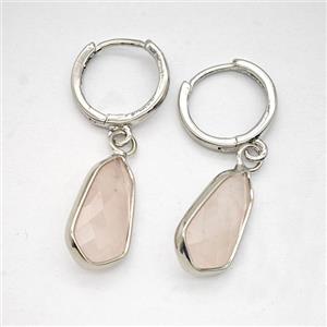 Pink Rose Quartz Copper Hoop Earrings Teardrop Platinum Plated, approx 9-16mm, 14mm dia