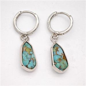 Mosaic Turquoise Copper Hoop Earrings Teardrop Platinum Plated, approx 9-16mm, 14mm dia